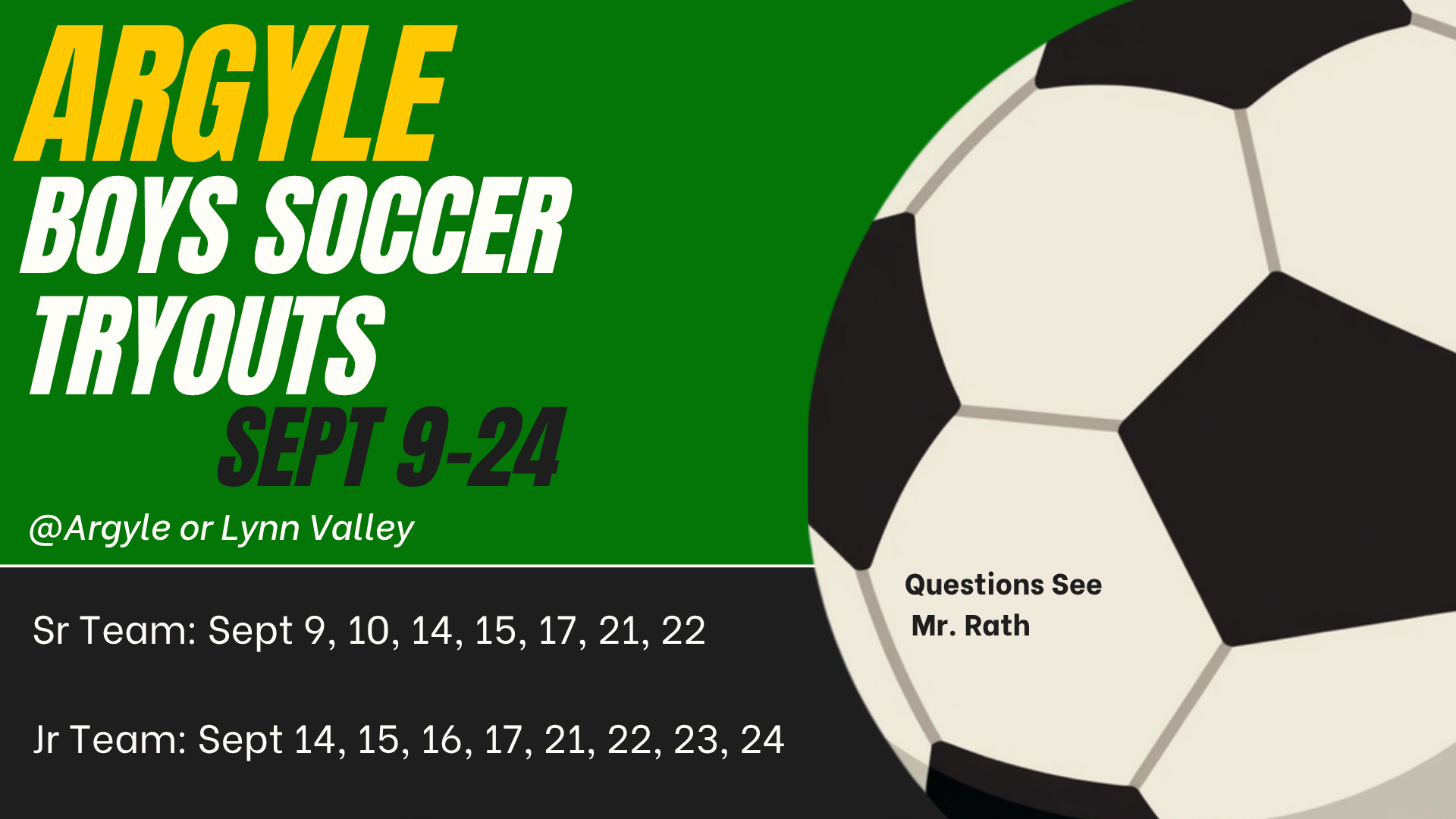 Boys soccer tryout information with times