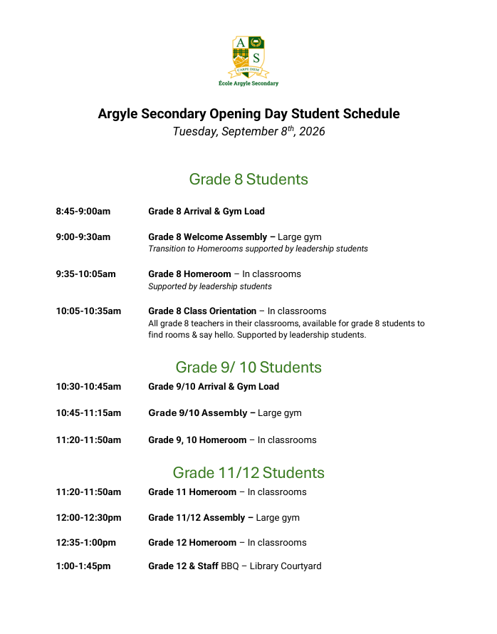 Opening Day Schedule for students with times