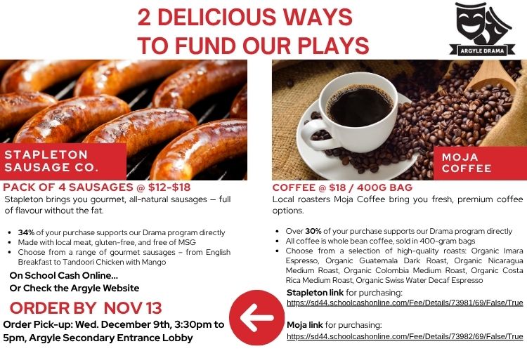 Image of coffee and sausage for drama fundraiser