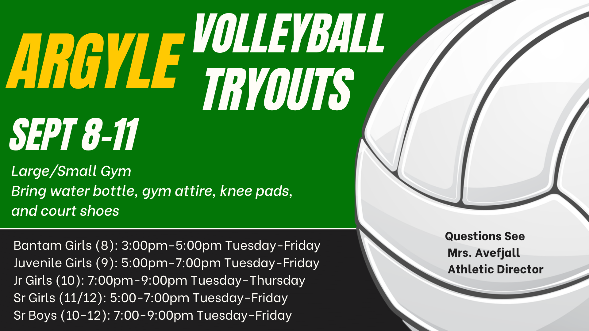 Volleyball tryout poster with information on times
